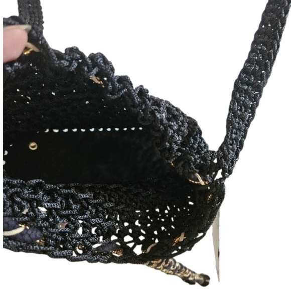 Hand Crafted Crochet Bucket Bag Tassel Beaded Drawstring Crossbody Purse Black - Picture 12 of 17